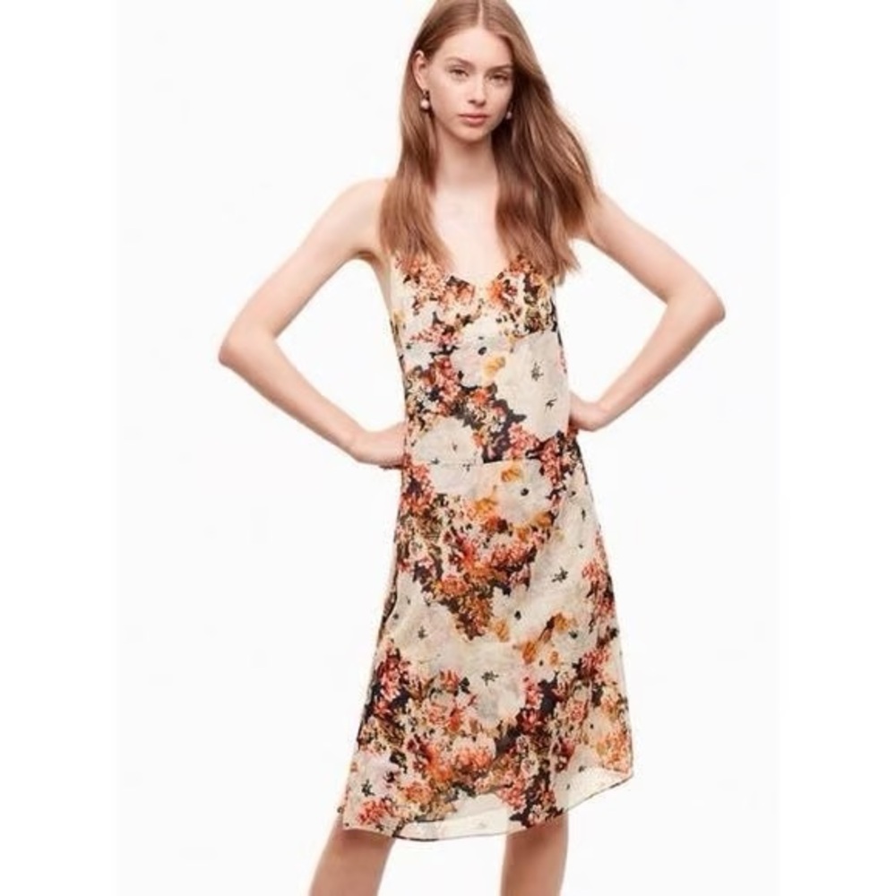 Aritzia Atro floral slip Midi Dress with side slit in cream white, navy, orange